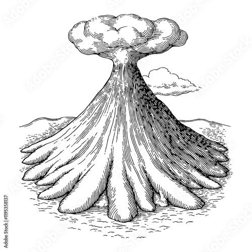 Volcano with Cloud Black and White Outline Line Art Drawing with Retro Engrave Style Detail