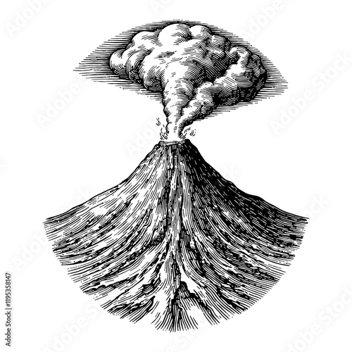 Volcano with Erupting Smoke Black and White Outline Line Art Drawing Isolated Detailed View