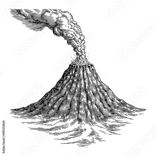 Volcano Erupting with Smoke in Detailed Black and White Outline Line Art Drawing View from Front