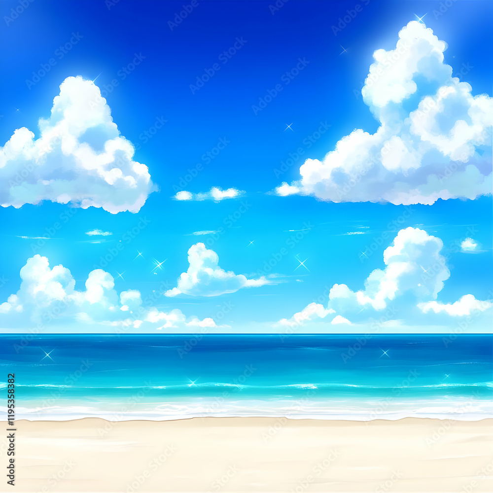 Summer Beach Illustration: Sunny Sky, Ocean Summer Beach Illustration: Sunny Sky, Ocean