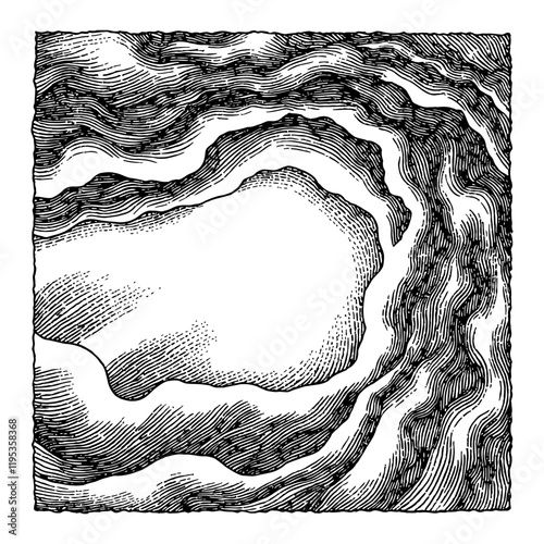 Abstract Magma Flow Texture Pattern Black and White Outline Line Art Drawing with Hatching Detail