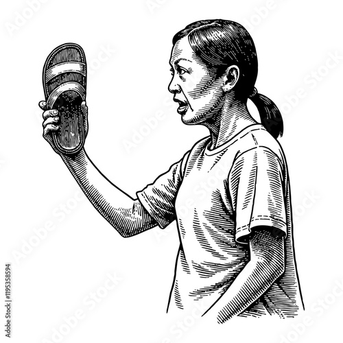 Angry Asian Mom Holding Sandal in Hand Black and White Outline Line Art Drawing Style