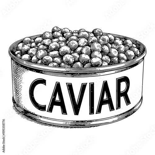 Caviar on a Can Black and White Outline Line Art Drawing with Blank Label Detailed Illustration