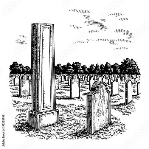 Cemetery Graveyard with Tombstones in Black and White Outline Line Art Drawing Old Style