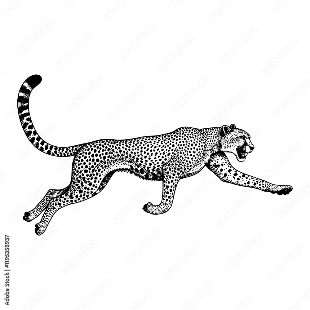 Obraz premium Cheetah Running Side View with Detailed Black Spots Black and White Outline Line Art Drawing