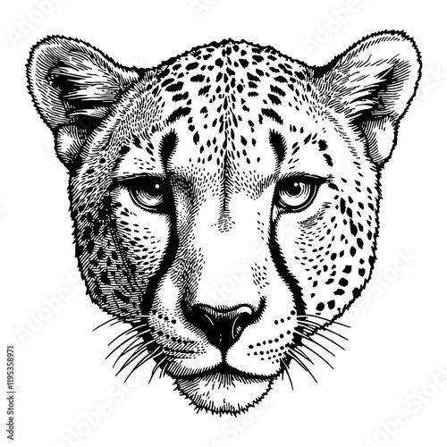 Cheetah Head Detailed Front View Black and White Outline Line Art Drawing Portrait