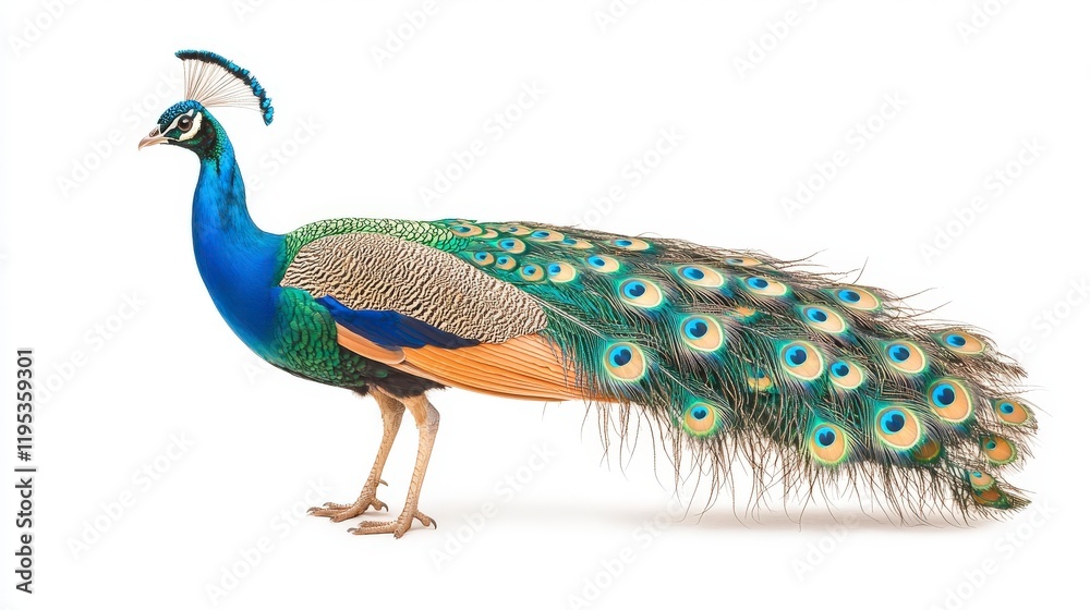 A vibrant and colorful peacock displayed in profile, showcasing its stunning plumage, representing beauty and elegance in nature.