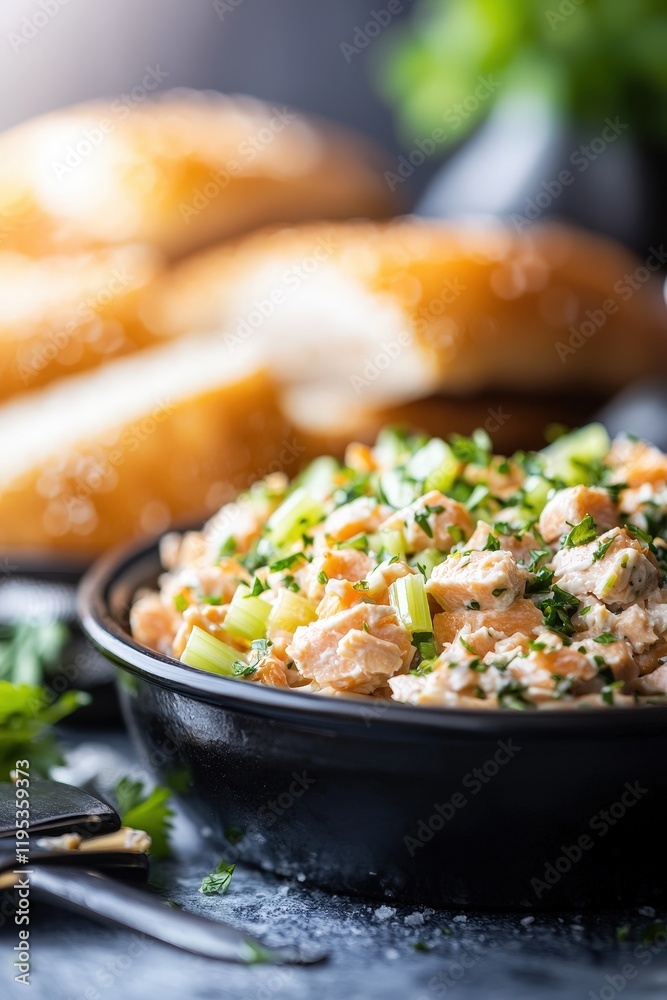 Fresh and Flavorful Tuna Salad Sandwich Preparation with Celery and Mayo on a Rustic Table Surrounded by Buns and Greenery Fresh and Flavorful Tuna Salad Sandwich Preparation with Celery and Mayo on a Rustic Table Surrounded by Buns and Greenery