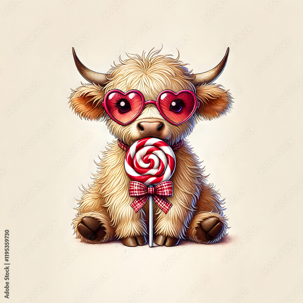 Fototapeta premium Whimsical Highland Cow with Heart-Shaped Sunglasses and Lollipop