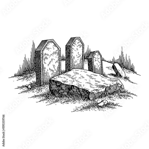 Graveyard with Tombstones and Rock in Black and White Outline Line Art Drawing