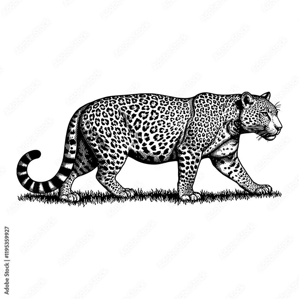 Leopard Walking Side View Detailed Black and White Outline Line Art Drawing with Grass Below Leopard Walking Side View Detailed Black and White Outline Line Art Drawing with Grass Below