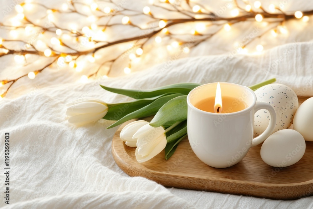 Cozy spring decor with tulips, candle, eggs Cozy spring decor with tulips, candle, eggs