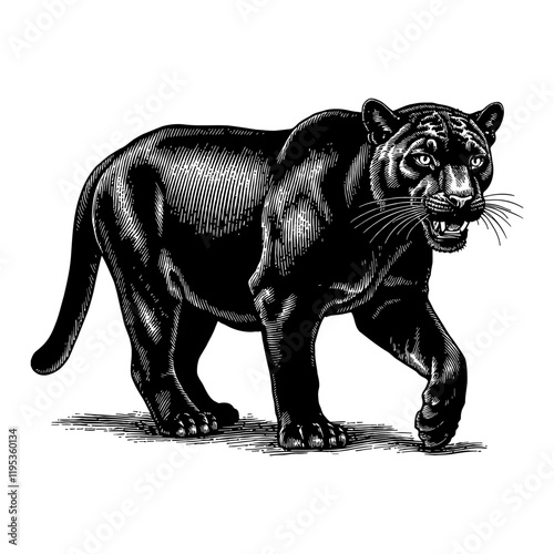 Panther Walking in Detailed Black and White Outline Line Art Drawing Vintage Style Animal