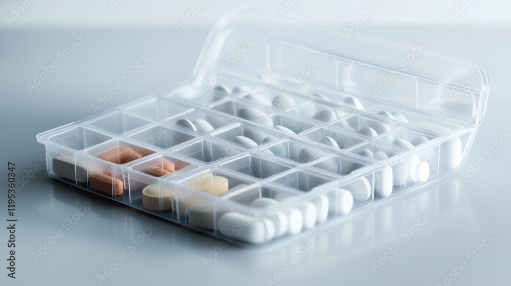 Clear Plastic Pill Organizer Opened to Show Different Capsules Clear Plastic Pill Organizer Opened to Show Different Capsules