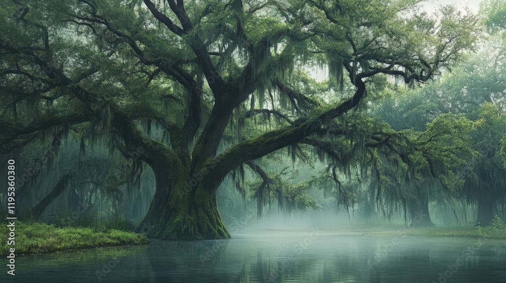 Fototapeta premium A misty swamp with large trees draped in Spanish moss creates a serene and moody landscape