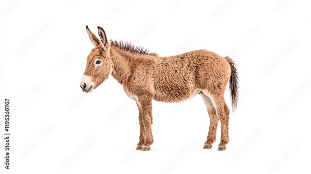 Obraz premium A young donkey stands gracefully against a white background, showcasing its soft fur and expressive features, symbolizing curiosity and innocence.