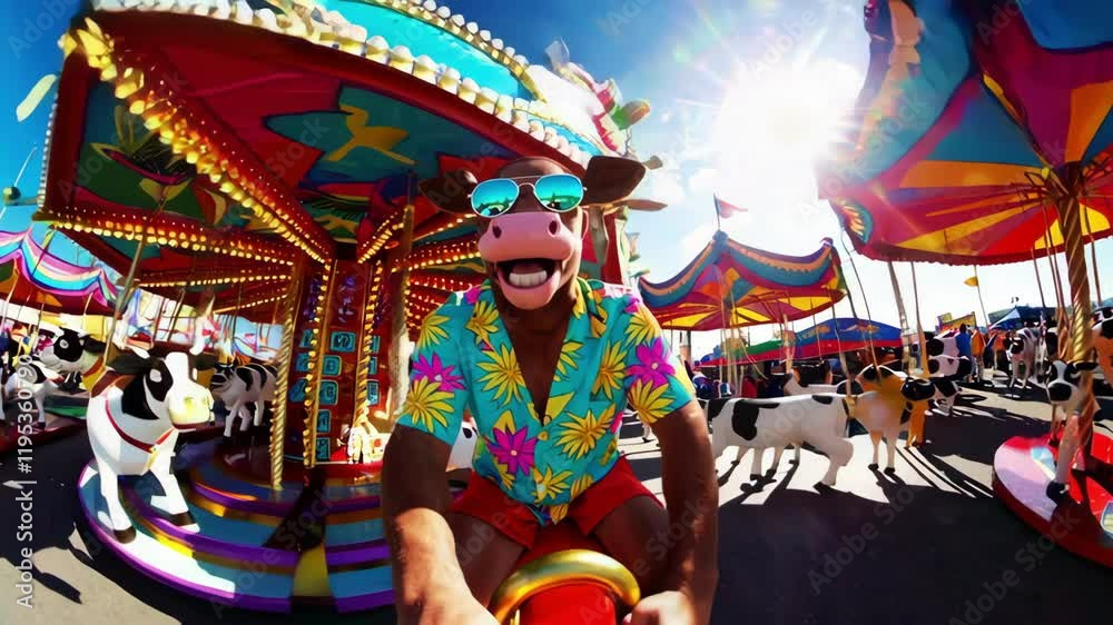 Young man wearing cow mask, spinning wildly on merry go round, sunglasses reflecting summer fun amid colorful carousel whirl, radiating pure joy during summer park adventure with colorful carousel