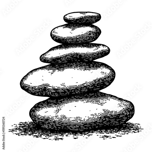 Zen Stacked Stones Black and White Outline Line Art Drawing with Hatching Detail