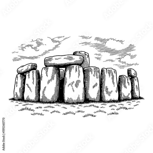Stonehenge Detailed Black and White Outline Line Art Drawing in Antique Engraving Style