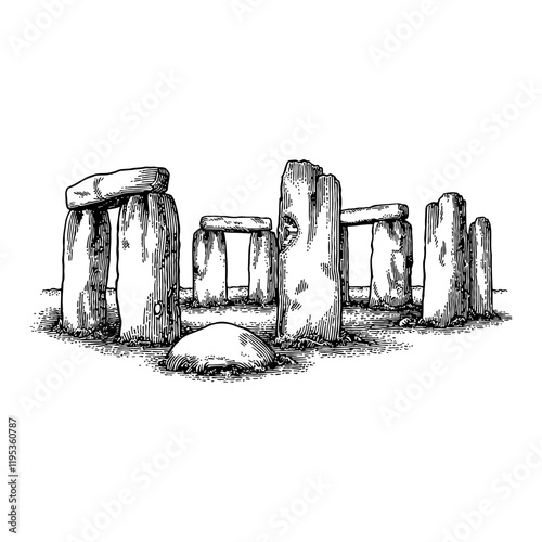 Stonehenge Ancient Monument in Detailed Black and White Outline Line Art Drawing