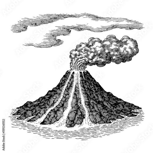 Volcano Erupting with Lava Flow in Detailed Black and White Outline Line Art Drawing