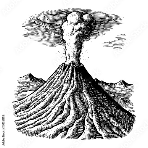 Erupting Volcano with Smoke and Clouds in Detailed Black and White Outline Line Art Drawing