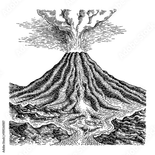 Erupting Volcano with Lava Flow Black and White Outline Line Art Drawing in Detailed Illustration