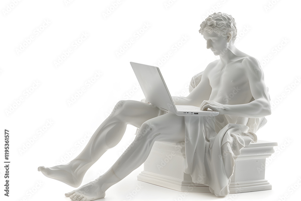 Naklejka premium Realistic classic gypsum statue of man using a laptop for IT isolated on white background