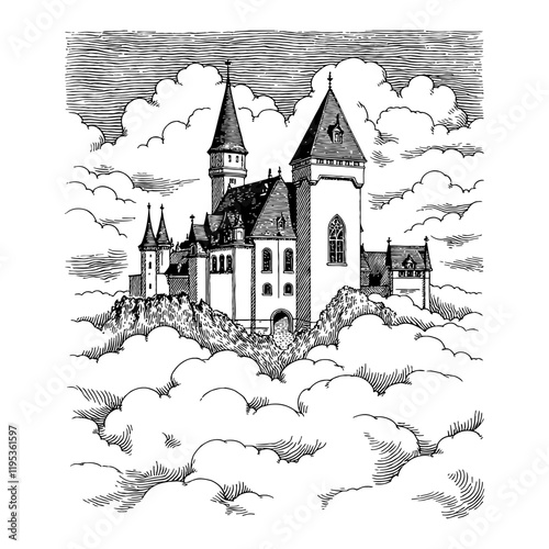Castle on Hill Surrounded by Clouds Detailed Black and White Outline Line Art Drawing