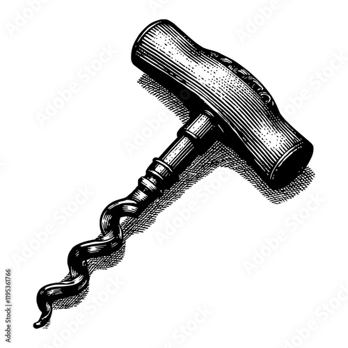 Corkscrew in Detailed Black and White Outline Line Art Drawing with Vintage Engraved Style