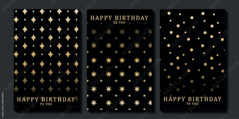 Obraz premium Set of luxury birthday cards on a black background. Modern gold and black design. Golden elegant geometric pattern, gold line on dark background. Premium design illustration for birthday party.