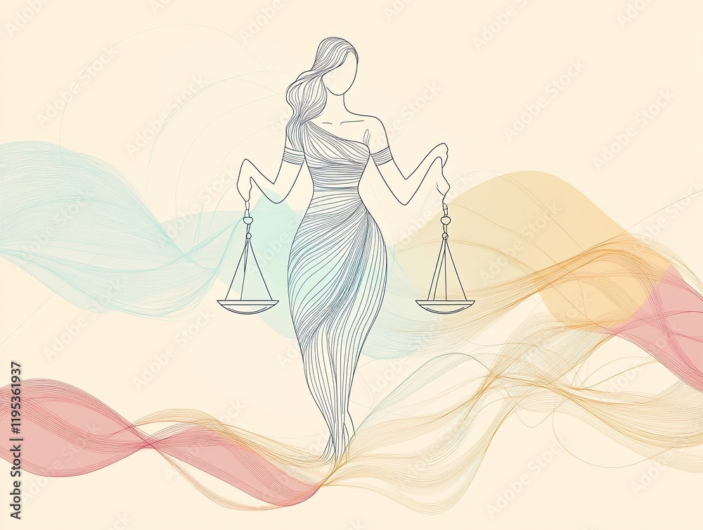 Obraz premium Minimalist line art of a woman holding scales of justice surrounded by pastel waves representing fairness and law