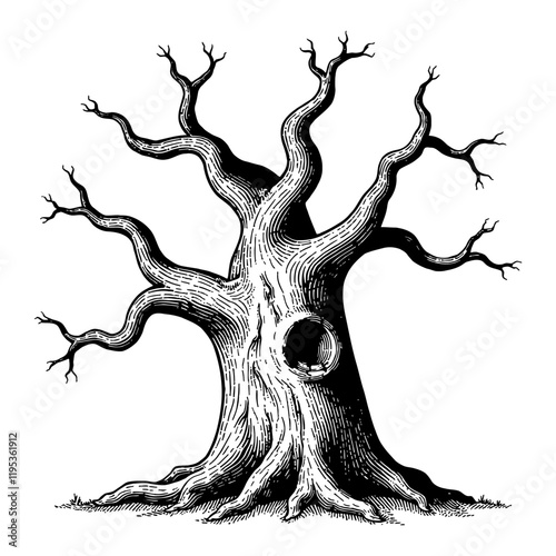Detailed Dead Tree with Hollow Trunk Black and White Outline Line Art Drawing