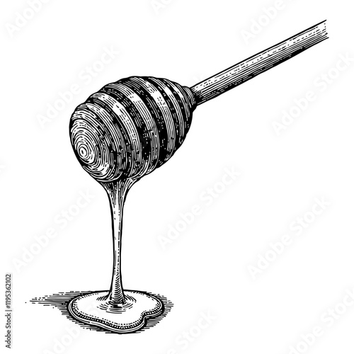 Honey Dipper with Dripping Honey Detailed Black and White Outline Line Art Drawing