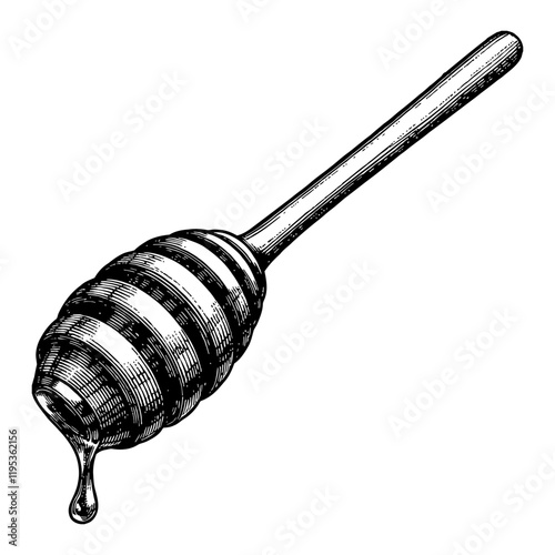 Honey Dipper with Dripping Honey Detailed Black and White Outline Line Art Drawing