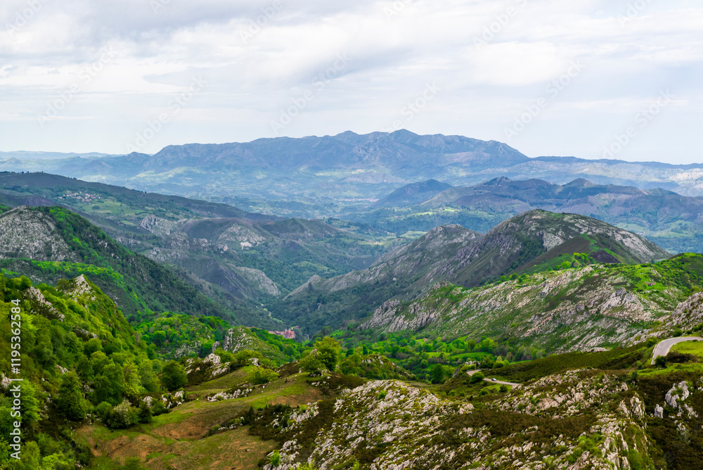 Fototapeta premium Route to Covadonga, Lakes, Mountains, Cangas de Onis, Asturias, Picos de Europa, Spain
