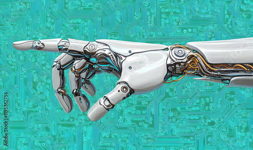 Futuristic robotic hand pointing, detailed mechanism, teal circuit board background; artificial intelligence concept.