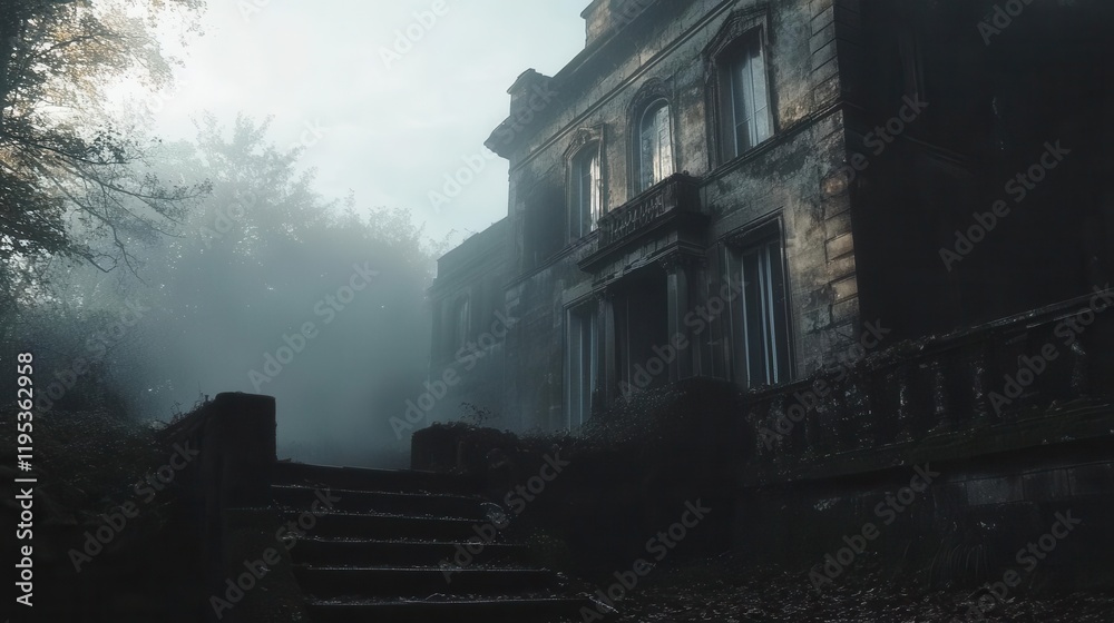 haunting shadows creep across the weathered facade of a decaying mansion, draped in ghostly mist, perfect for a chilling halloween ambiance haunting shadows creep across the weathered facade of a decaying mansion, draped in ghostly mist, perfect for a chilling halloween ambiance