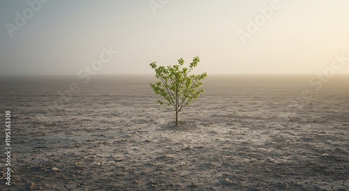 A lone resilient tree braves a desolate arid landscape cracked dry soil hinting at drought and desertification yet offering fragile hope in this barren land.