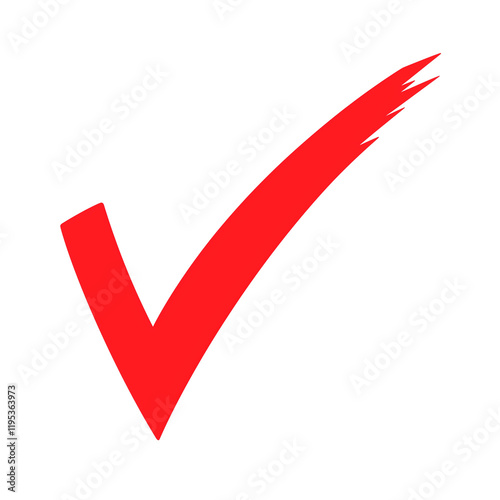 Red check mark with sharp edges on transparency background, symbolizing approval or correctness