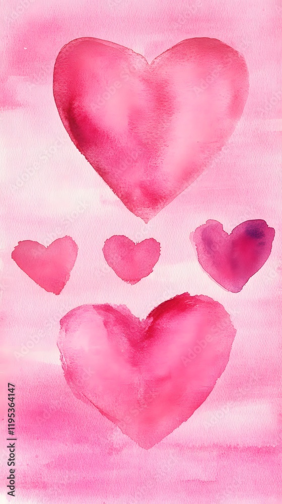 Fototapeta premium Romantic Watercolor Hearts on Soft Pink Background in Various Sizes