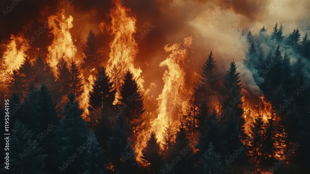 intense wildfire raging through a dense forest, flames consuming trees and smoke billowing into the air, capturing the destructive power of nature's fury intense wildfire raging through a dense forest, flames consuming trees and smoke billowing into the air, capturing the destructive power of nature's fury