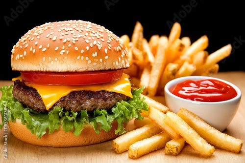 Delicioso hamburger con queso, lechuga, tomate, papas fritas y salsa de tomate en un plato photo