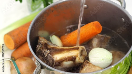 Bone broth. The cooking process and ingredients. Ingredients for making meat and bone broth. the concept of healthy eating. Pour boiling water and hot water into a saucepan with bones and vegetables