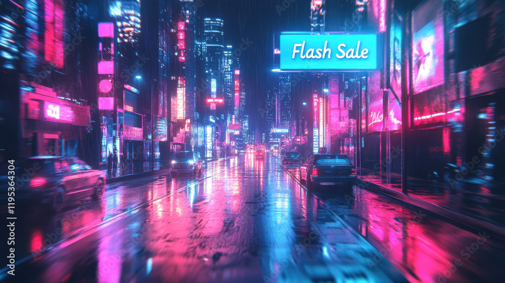 vibrant city street illuminated by neon lights, featuring Flash Sale sign vibrant city street illuminated by neon lights, featuring Flash Sale sign