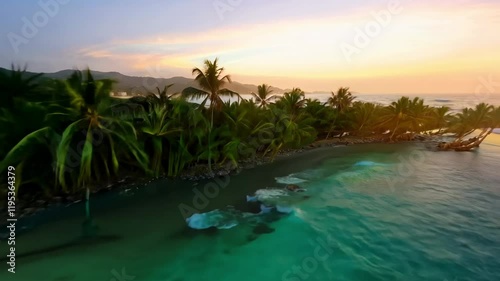 A serene beach at sunset with turquoise waters and lush palm trees.