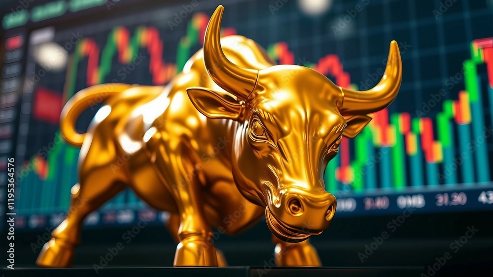 Golden bull statue with digital stock graphs in the background representing bullish market trends in Golden bull statue with digital stock graphs in the background representing bullish market trends in