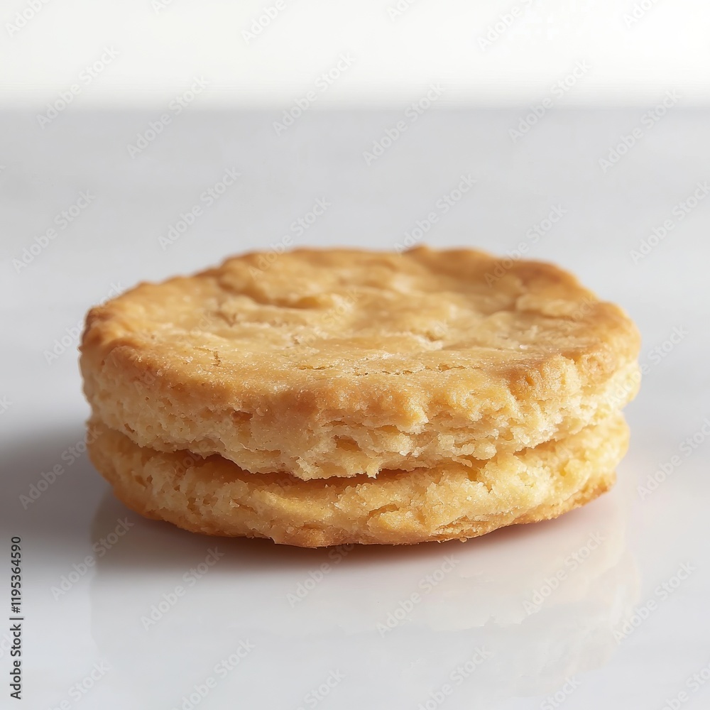 Flaky golden biscuit resting on a smooth surface captured in natural light at a cozy kitchen setting Flaky golden biscuit resting on a smooth surface captured in natural light at a cozy kitchen setting