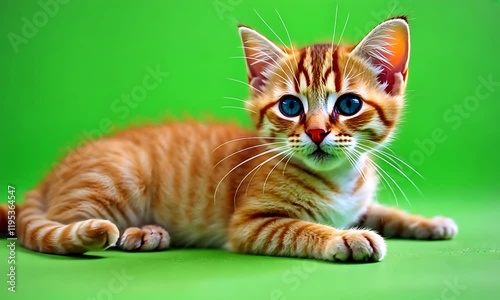 Playful Kitten on Vibrant Green Background - Ideal for Pet-Themed Content photo