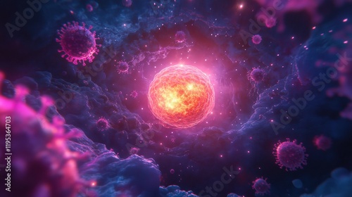 Glowing cell at the center of a hostile environment filled with viruses creating tension in a microscopic world. Generative AI